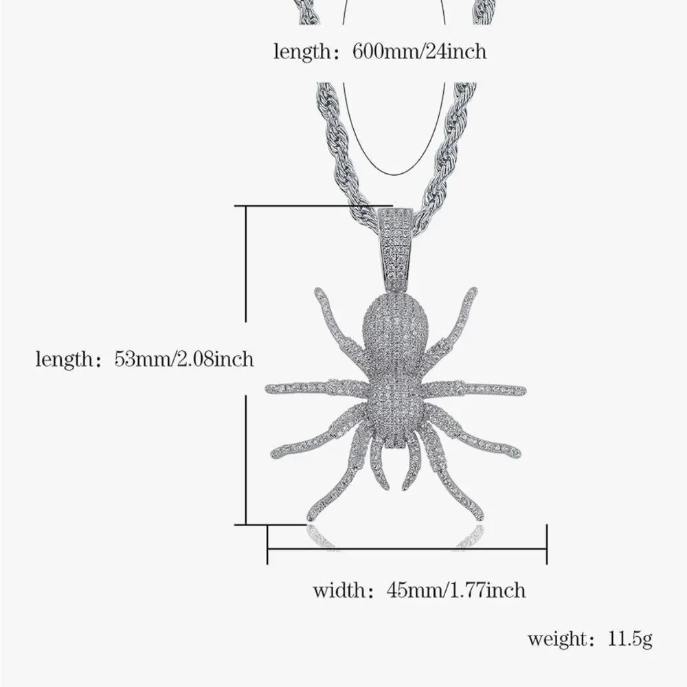 Iced Out Spider Pendant Necklace + Simulated Diamond Micropave Silver Rope Chain